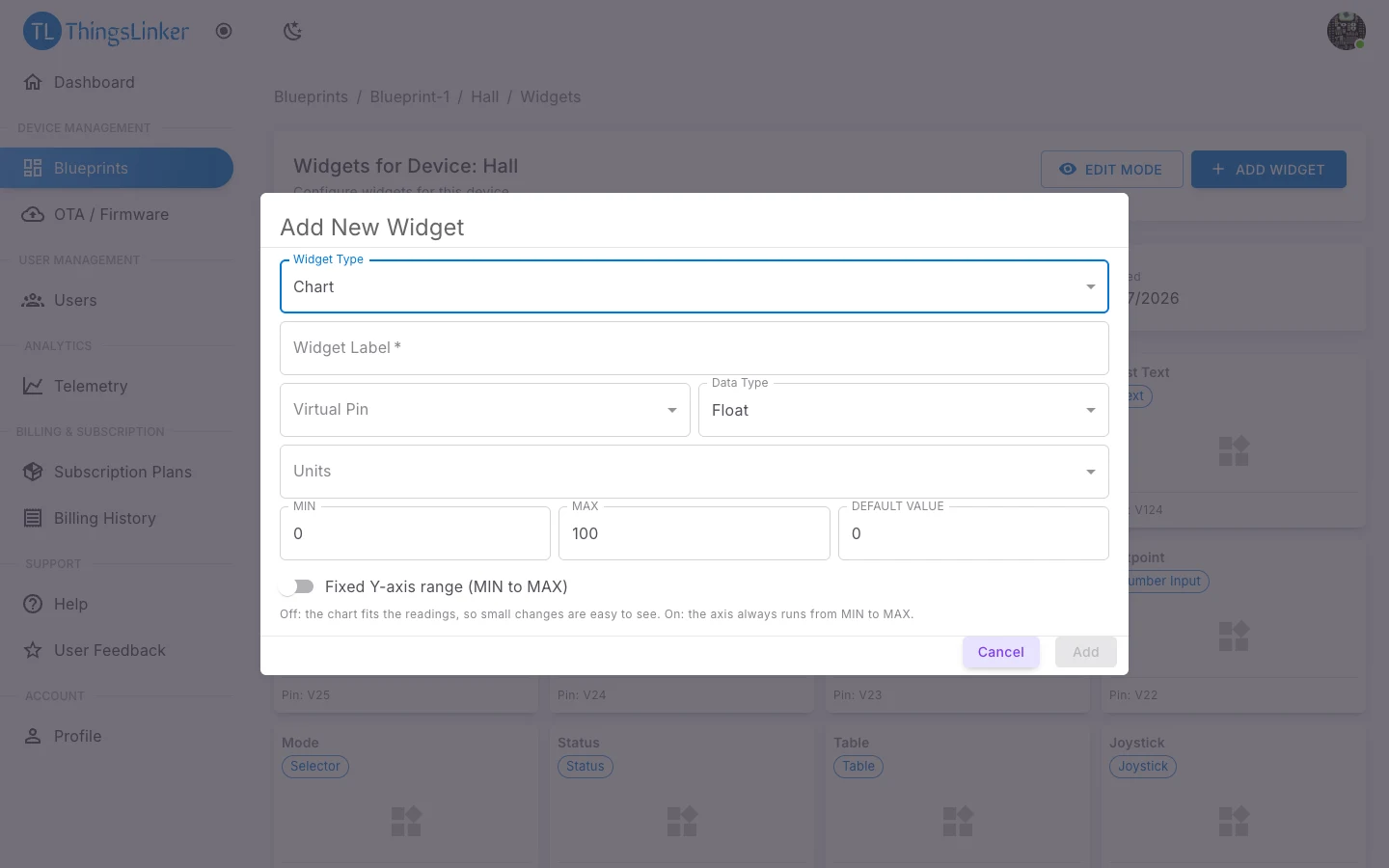 Add New Widget form for a Chart, including the Fixed Y-axis range switch