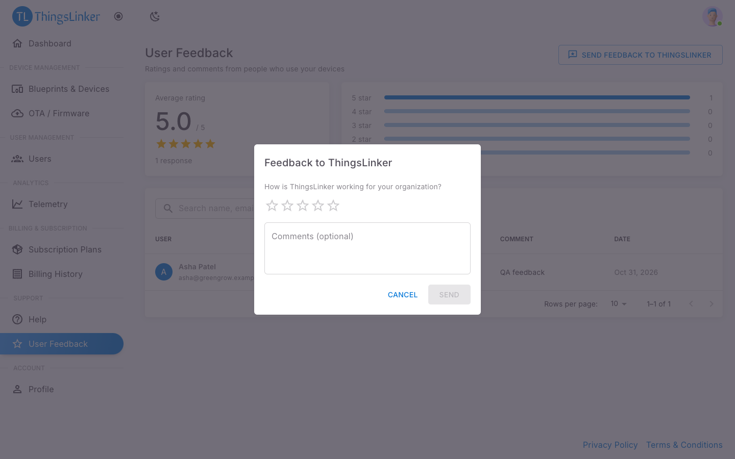 Feedback to ThingsLinker dialog