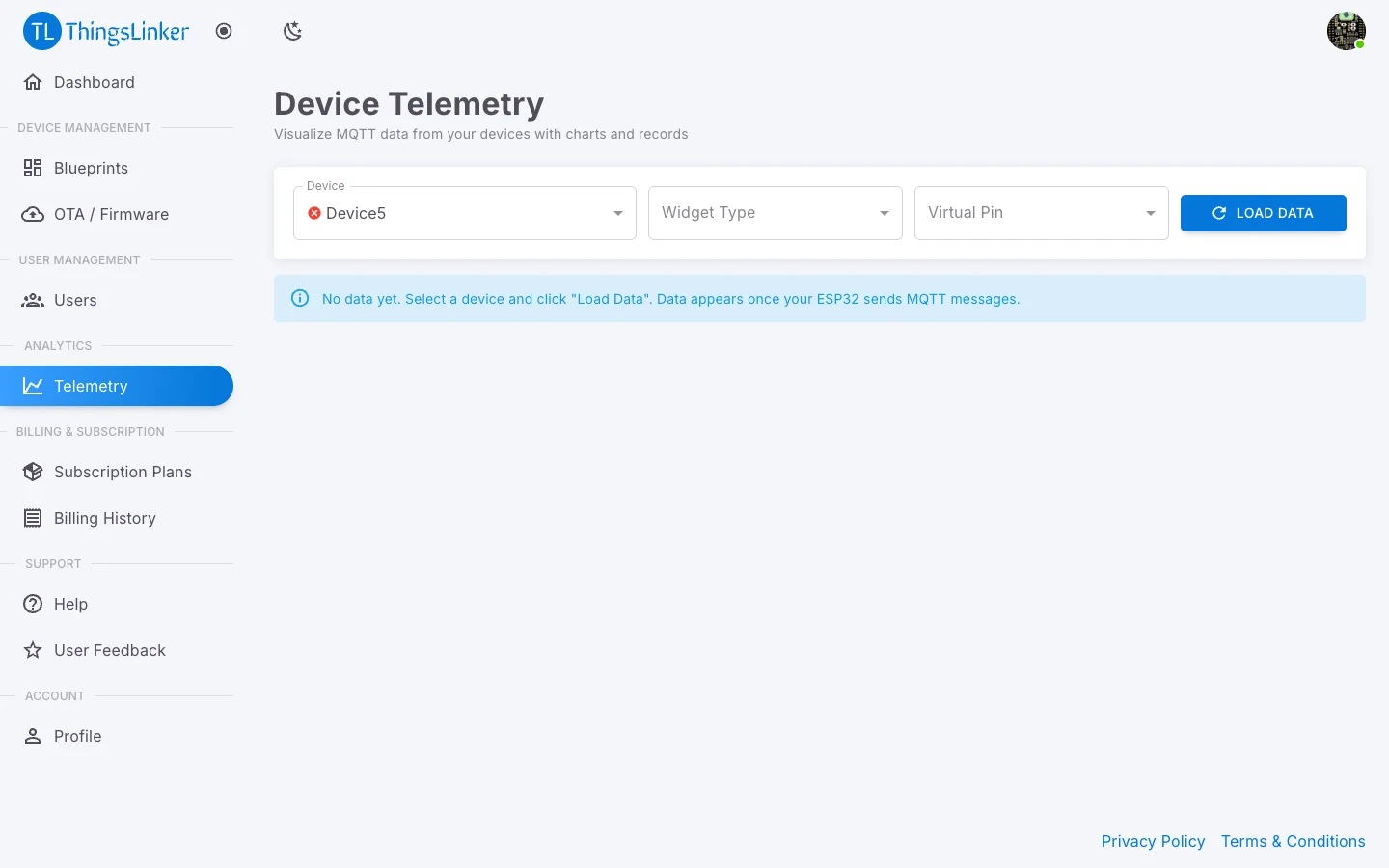 Device Telemetry page with device, widget type and pin filters