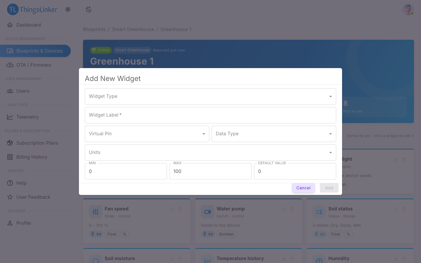 Add New Widget form