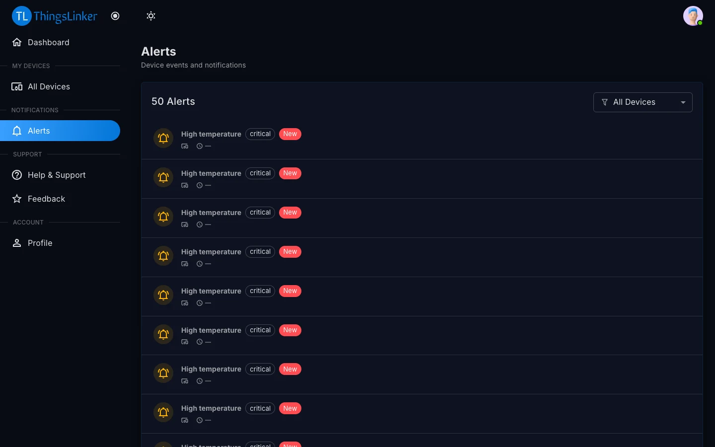 Alerts page in the User Portal