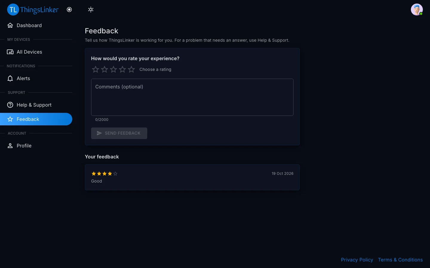 Feedback page with star rating and comment box