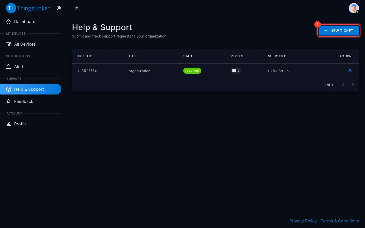 Help and Support page with New Ticket outlined