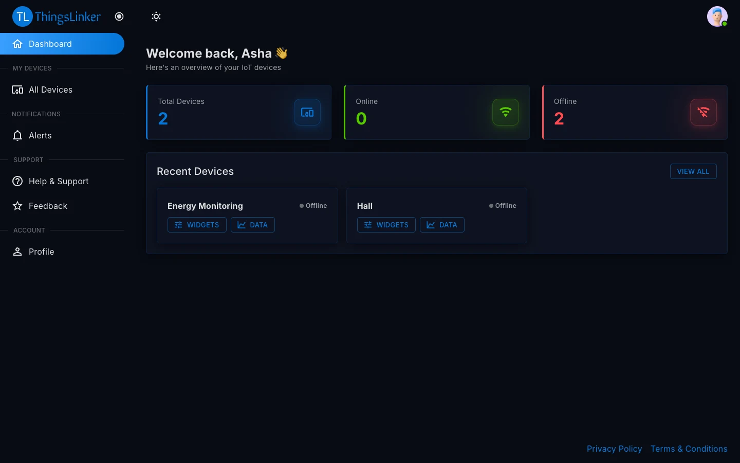 User Portal dashboard with device totals